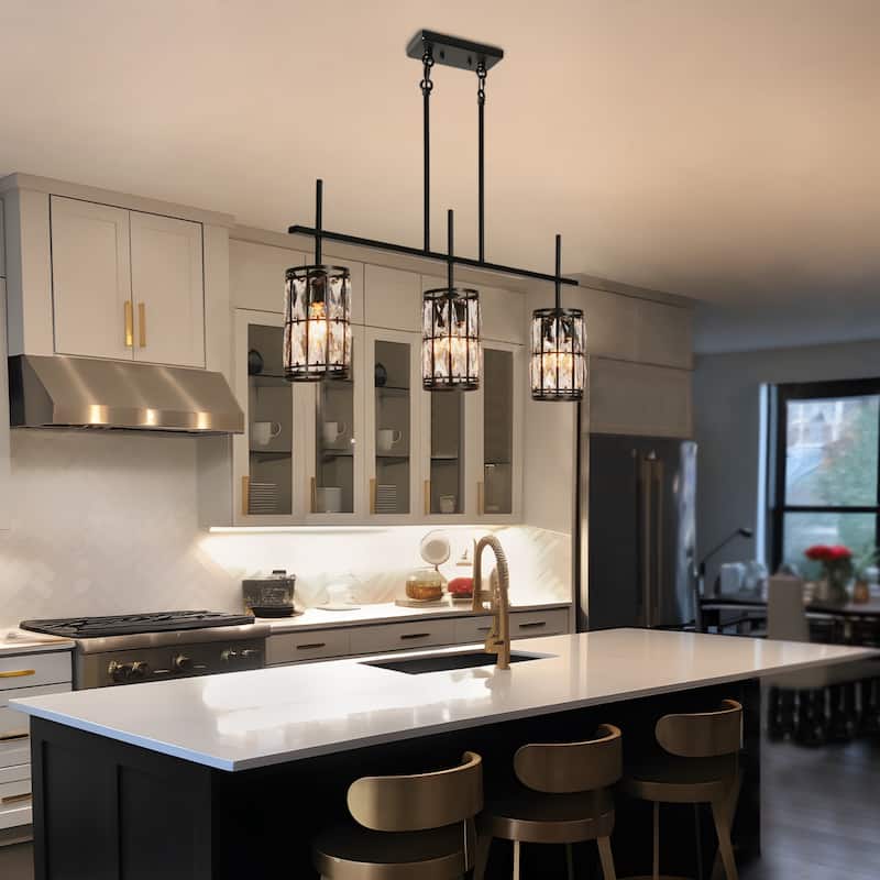 Aulia Modern 3-Light Crystal Chandelier Black Island Lights for Dining Room - L 31.5" x W 4.5" x H 15.5"