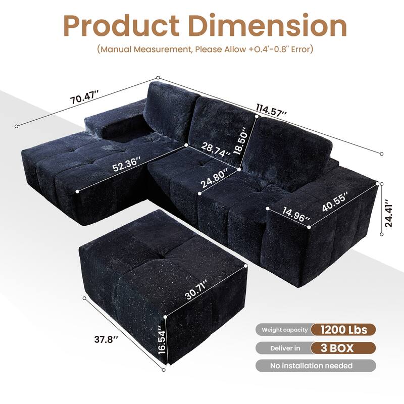 HOOOWOOO Modern Sparkly Velvet Fabric Chaise Sofa Couch with Ottoman