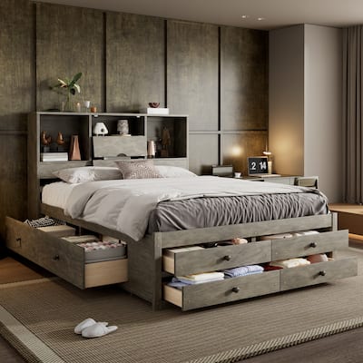 Queen Size Platform Bed with Storage Headboard & 8 Drawers - Gray
