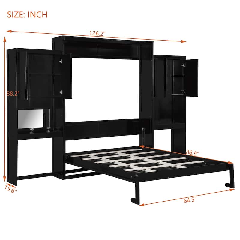 Queen Murphy Bed - Foldable Desk & Vanity, Wall Bed with Storage