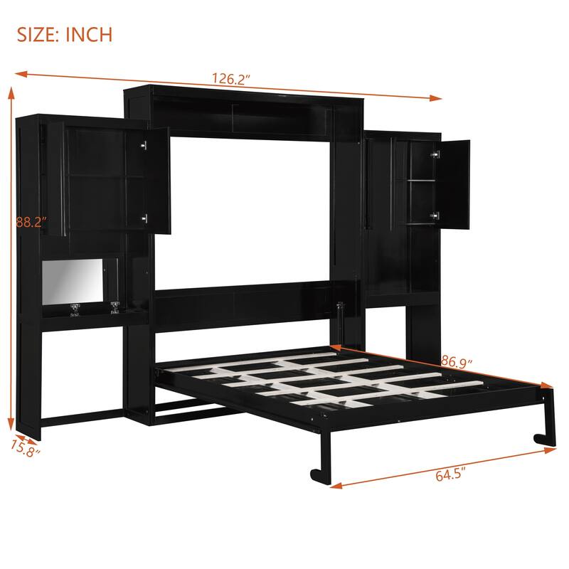 Queen Murphy Bed with Fold-Out Desk, Flip-Up Vanity Mirror, and Storage Cabinets, Space-Saving Design