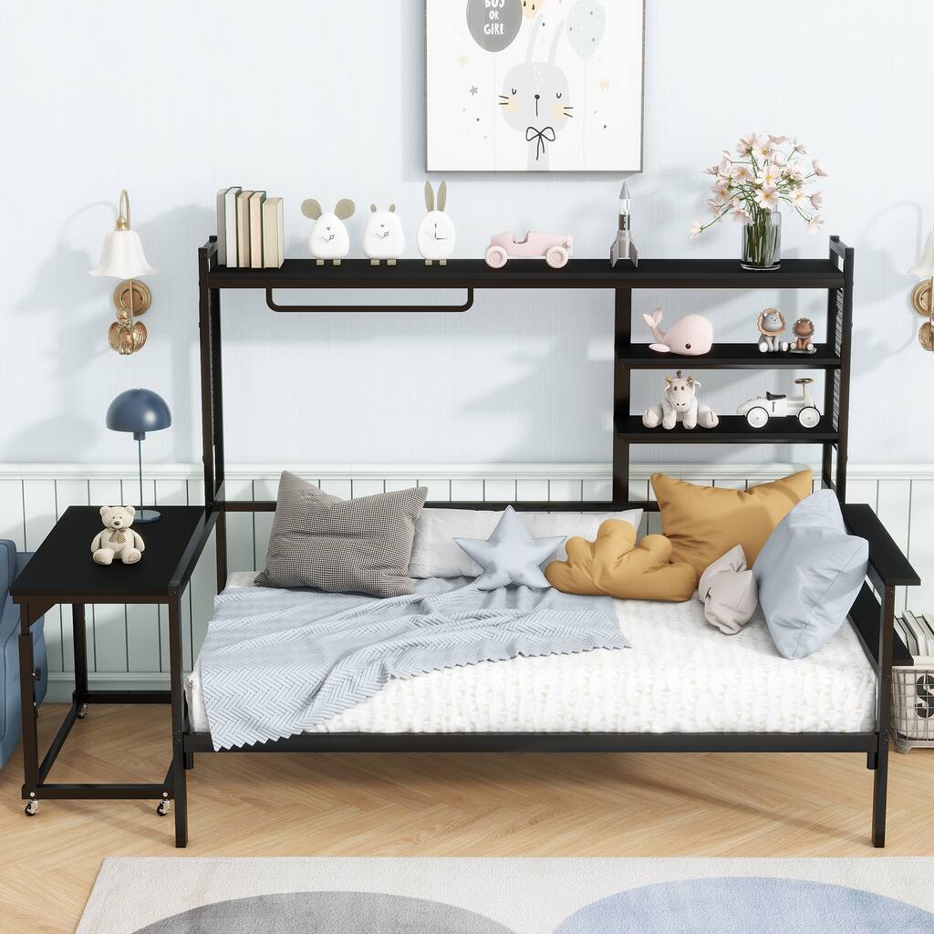 Versatile Daybed with Movable Desk, Metal Sofa Bed Frame with Metal Grid, Shelves and Clothes Hanger, No Box Spring Needed