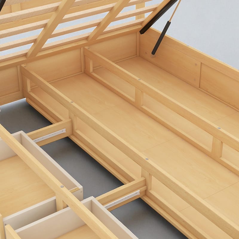 Full/Queen Size Wood Platform Bed with Headboard, 2 Drawers, Extra Storage Space & Sturdy Slats