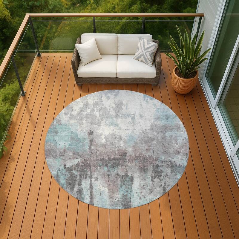 Machine Washable Indoor/ Outdoor Abstract Modern Chantille Rug - Teal - 8' x 8'