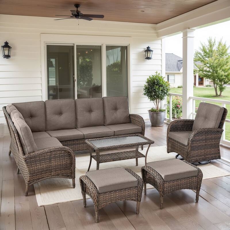 Outdoor Sectional Sofa with Swivel Chair Ottomans - Brown - Grey