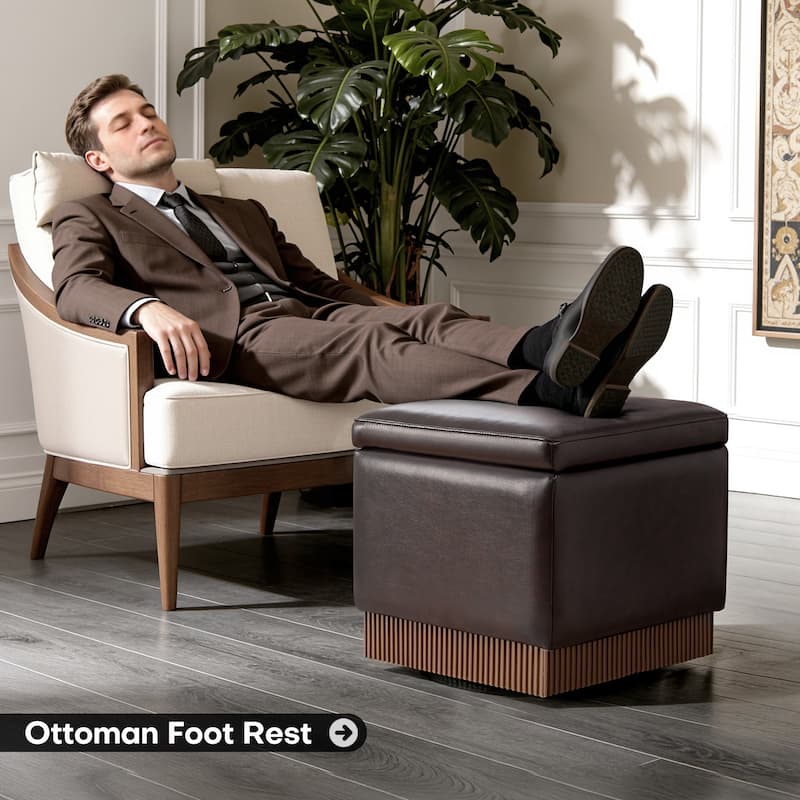 Swivel Storage Ottoman Bench Footstool with Flip-top and Acacia Frame