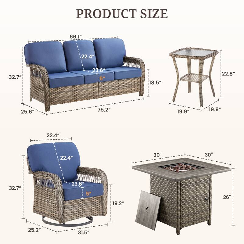 Pocassy Outdoor Sofa Ottoman Swivel Chair Table with Fire Table Set.