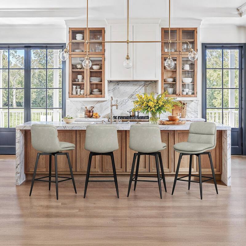 Upholstered Faux Leather Bar Stools with Back and Metal Legs Set of 2/3/4, 26" H Seat Height, 360° Swivel Bar Stools Brown