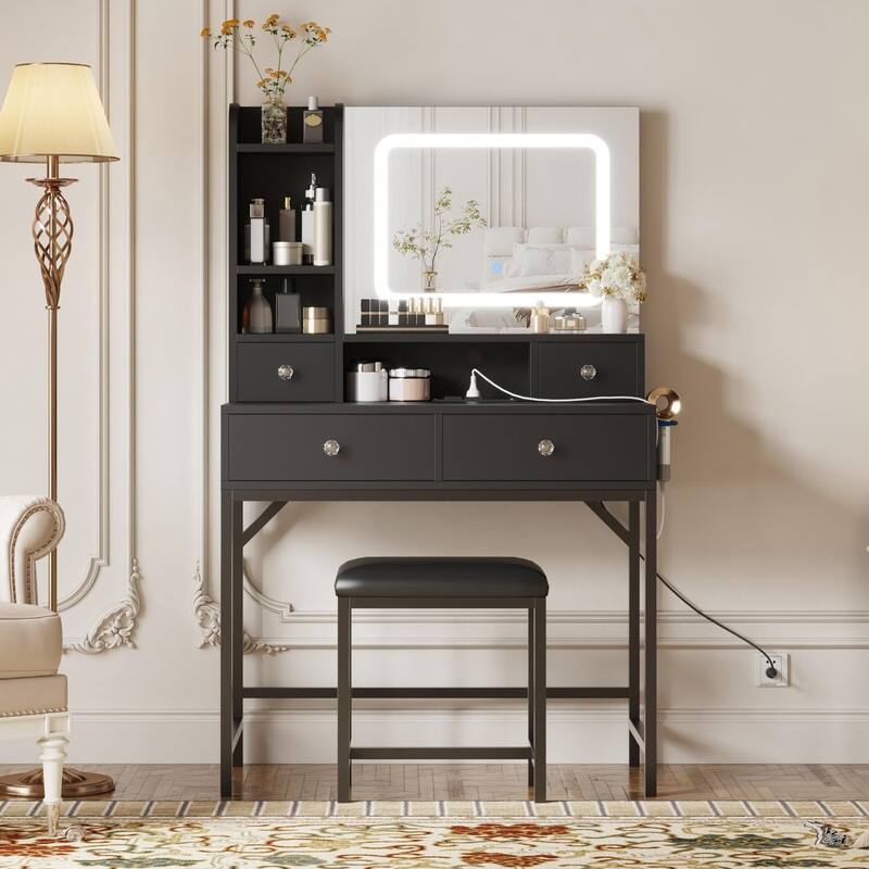 Makeup Vanity with Mirror and LED Lights, Charging Station, 4 Drawers, Shelves, Stool - Black