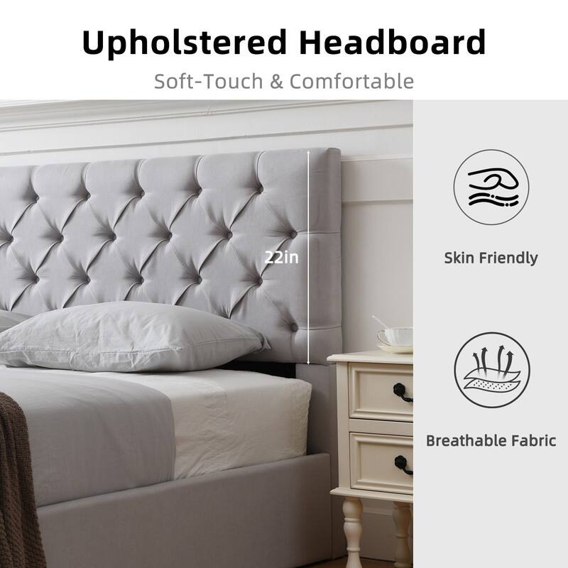 Plywood Frame Upholstered Platform Bed with Lift-up Storage Supported by Metal and Wooden Slats