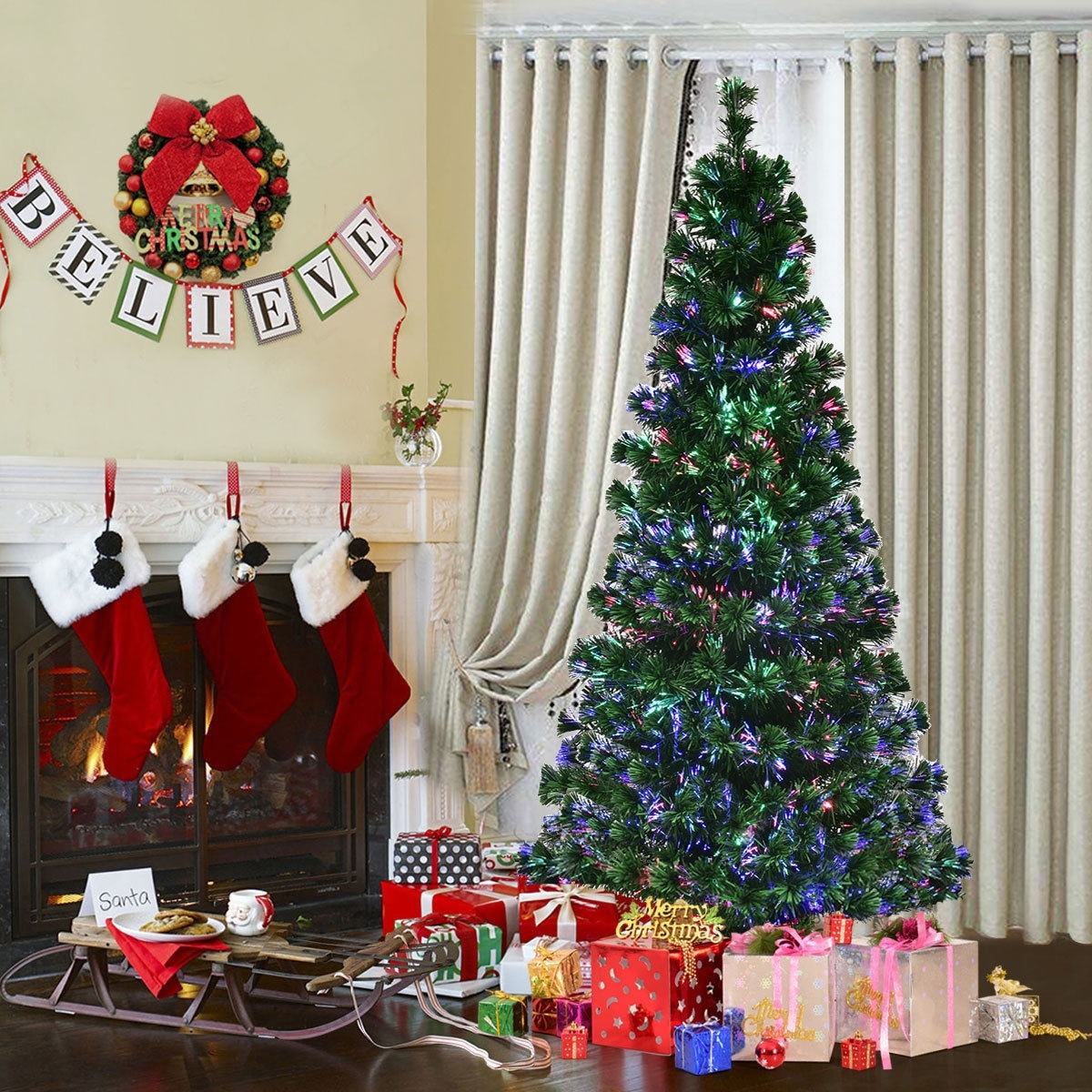 3-7 Foot Decorated Holiday Festive Fiber Optic Christmas Tree Pre-lit LED Lights 