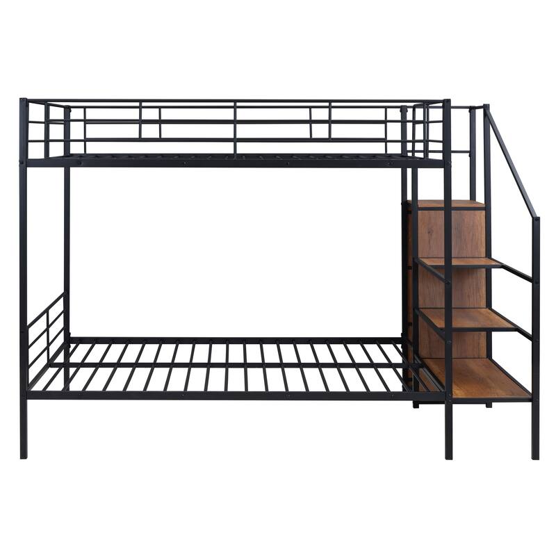 Full Over Full Metal Bunk Bed with Storage Ladder and Wardrobe, Black