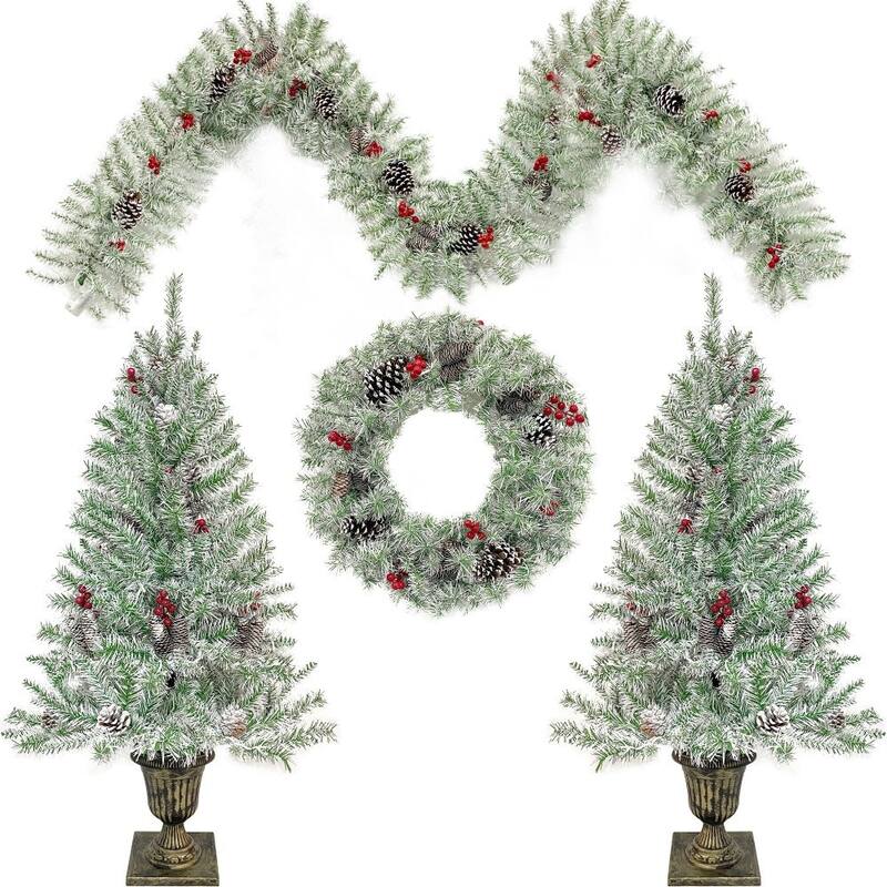 Pre-lit Artificial Christmas 4-Piece Set,Garland, Wreath and Set of 2 Entrance Trees