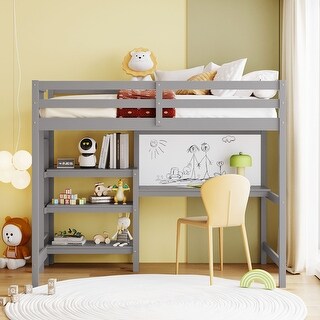 Twin Size Loft Bed with Storage Shelves, Wooden Bed with Desk, Kid's Bed with Writing Board for Bedroom, Gray