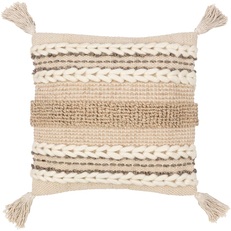Goa Taupe Bohemian Tassel Wool Throw Pillow Cover (20" x 20")