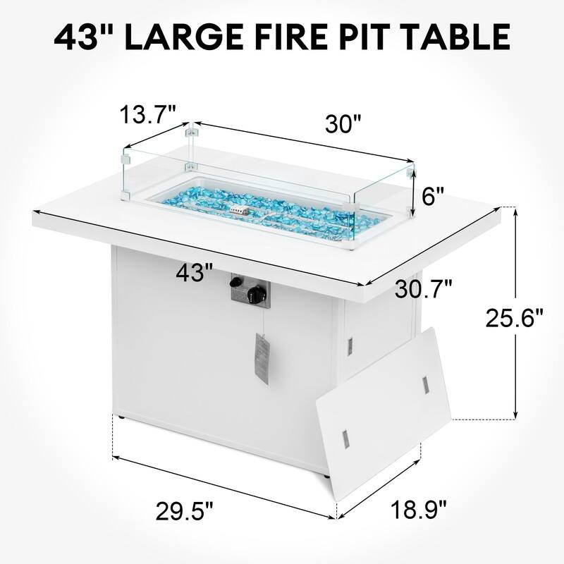 FINCATI Outdoor Aluminum 43" Dual-fuel Propane Fire Pit Table, CSA-certified, 60,000 BTU Modern Rectangular Firepit