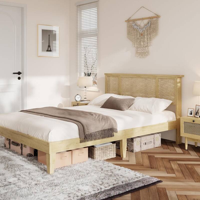 Boho-Style Platform Bed Frame with Natural Rattan Headboard, No Box Spring Required - Queen