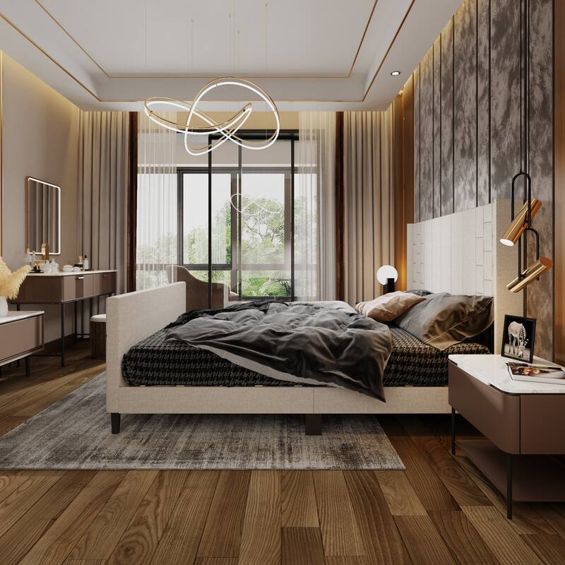 Upholstered Bed Frame with USB Port, Platform Bed with Headboard and Footboard Queen Size