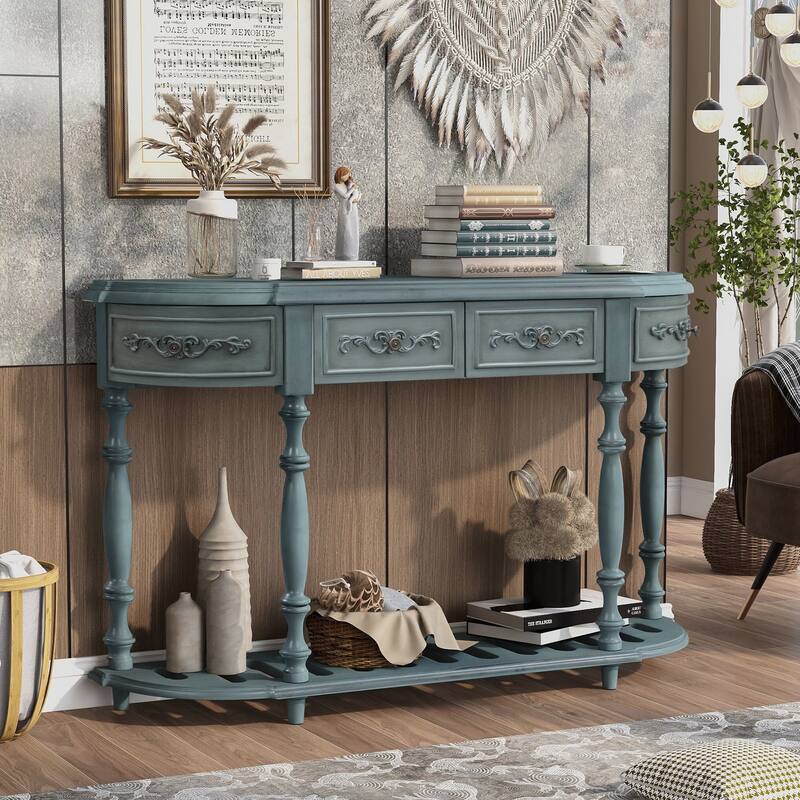 Modern and Contemporary Curved Console Table Sofa Table Entryway Table for Hallway Living Room with 4 Drawers and 1 Shelf - Blue