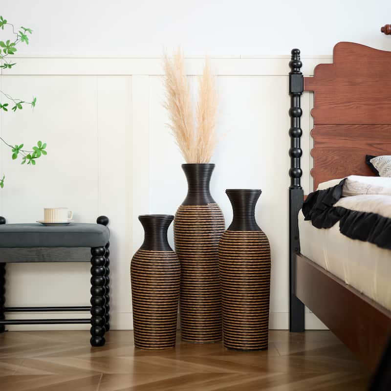 Set of 3 Classic Decorative Artificial Floor Vases, High Independent Flower Racks (20"/24"/28" H) - Beige+Black