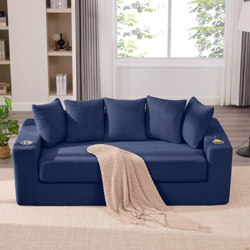 Convertible Corduroy Sleeper Loveseat Sofa Bed 3 Seater Floor Folding Couch with 5 Pillows, Cup Holders and Side Pockets