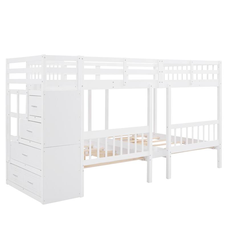 White Wood Triple Bunk Bed with Drawers - Full Over Twin & Twin, Space-Saving Design