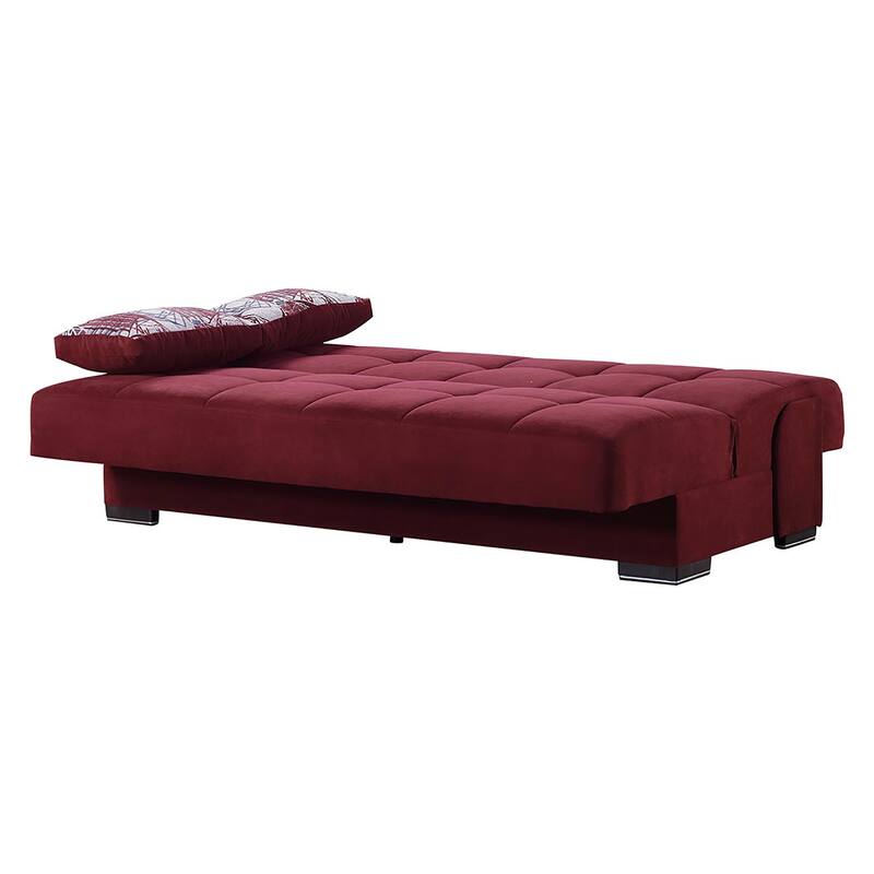 HomeRoots 75" Burgundy Chenille Convertible Futon Sleeper Sofa And Toss Pillows With Storage