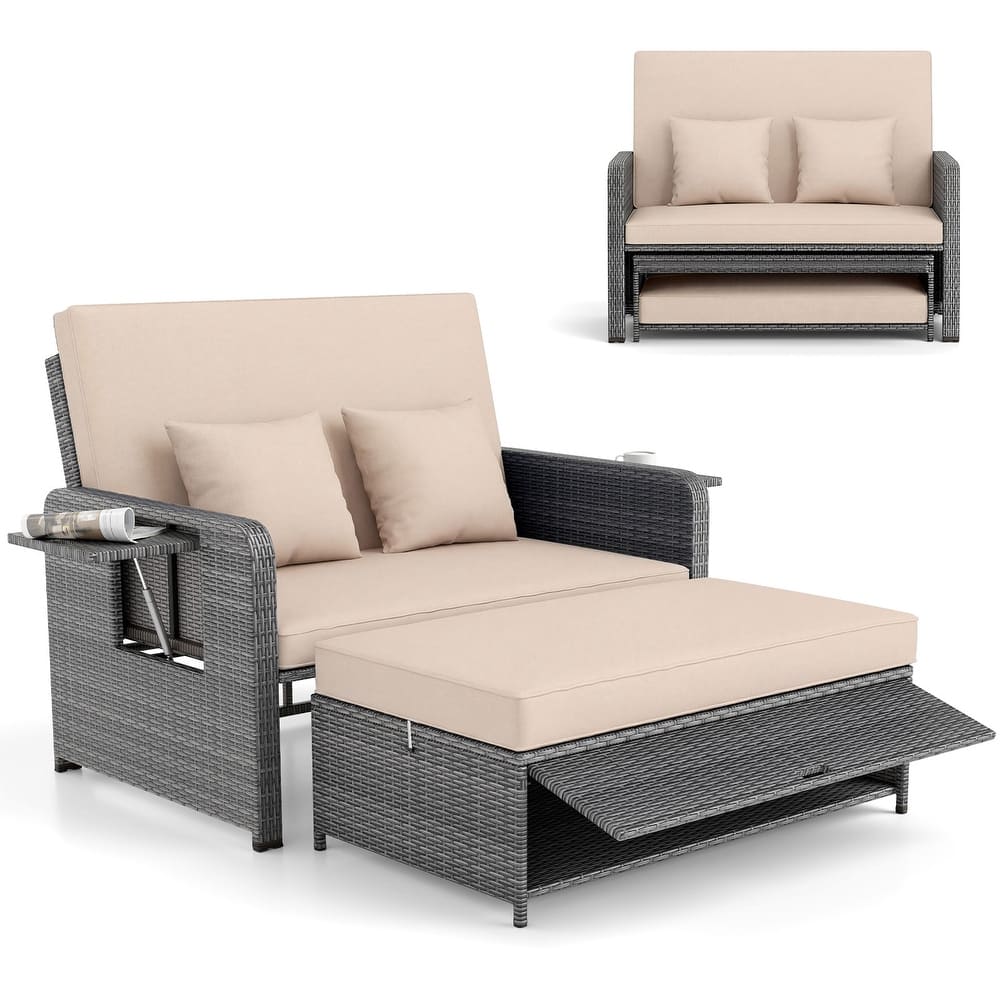 Gymax Rattan Daybed Wicker Loveseat Sofa Set w/ Ottoman & Retractable