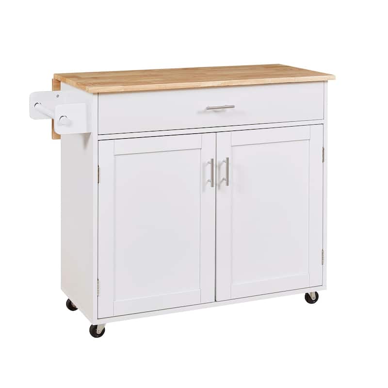 Rubberwood Kitchen Cart with Drop Leaf, Internal Storage Rack, Towel Rack and Spacious Divided Drawer