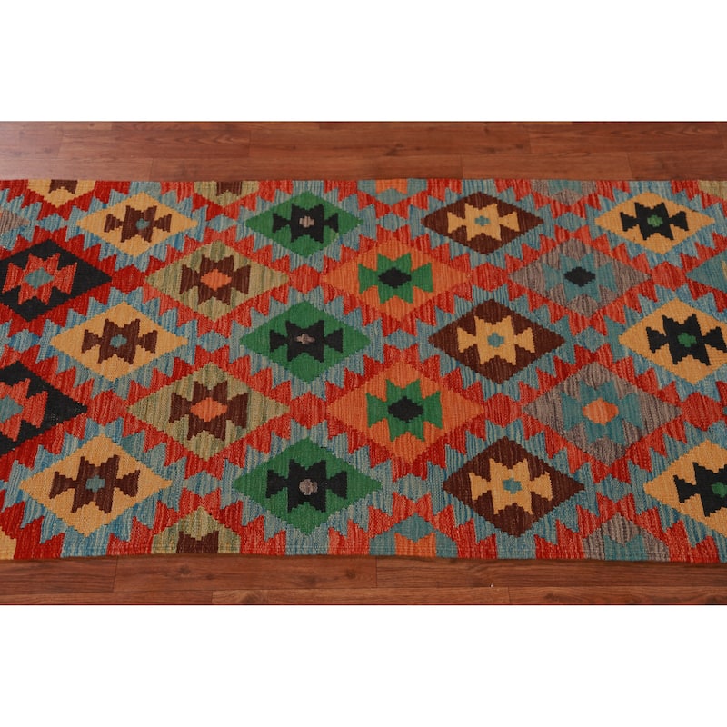 Hand Woven Oriental 100% Wool Carpet Southwestern All-Over Multi-Colored Kilim Runner Rug - 13' 0'' X 2' 7''