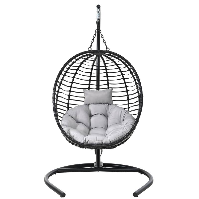 Roomfitters Single Person Folding Egg Chair with Stand, UV Resistant Wicker Rattan Swing for Patio, Garden