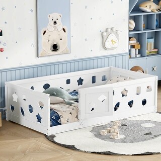 Twin Size Floor Bed with Heightened Safety Guardrails and Door, Solid Wood Bedframe with Rails