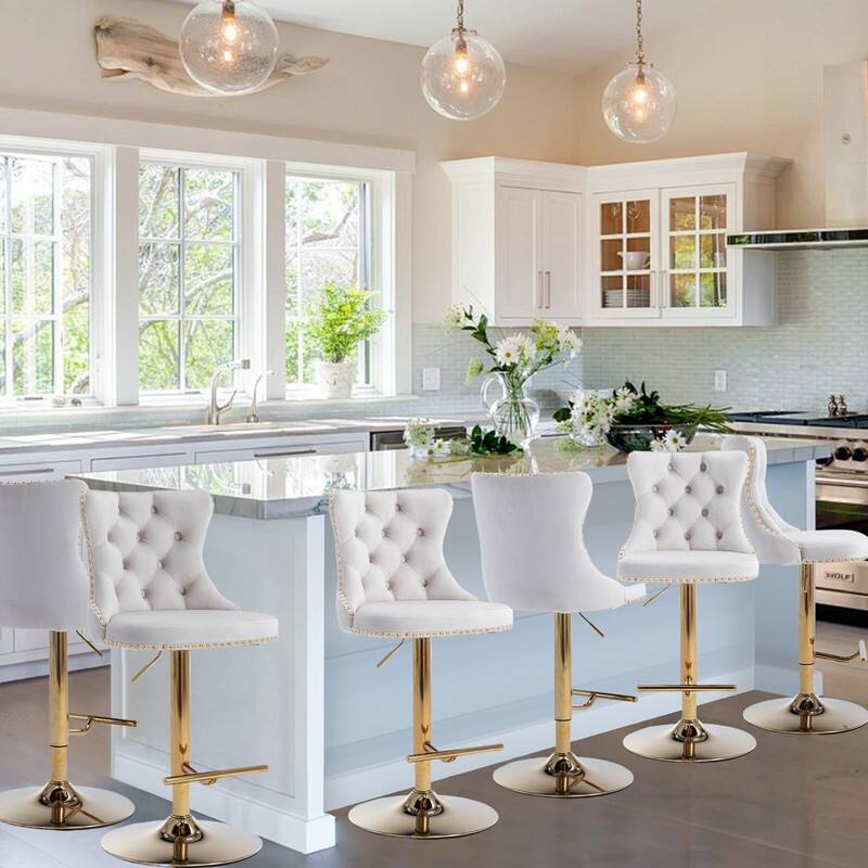 Velvet Upholstered Nailheads Tufted Swivel Bar Stools (Set of 6) - Beige GoldBase