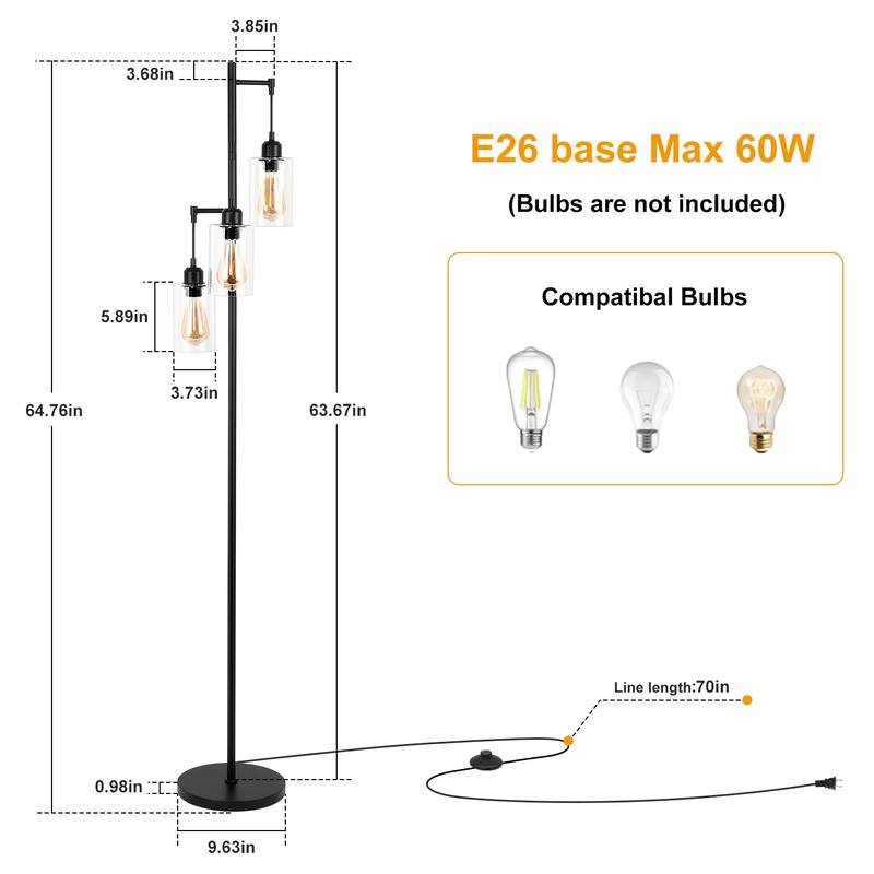 Tree Floor Lamp with 3 Hanging Bubble Glass Shade - Black