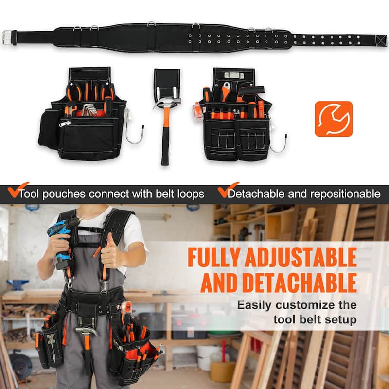 Black Polyester Adjustable Waist Strap Tool Belt with 29 Pockets Ideal for Men - 12.99 x 11.02 inches