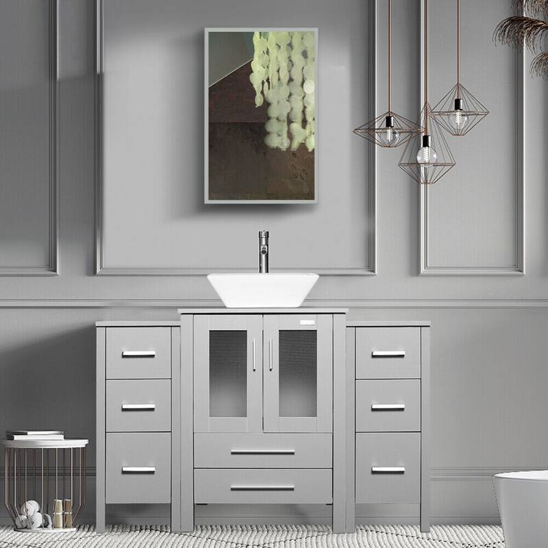 48" Bathroom Vanity Set Vessel Sink Mirror Faucet W/ Small Cabinet Combo - white ceramic square sink - Grey