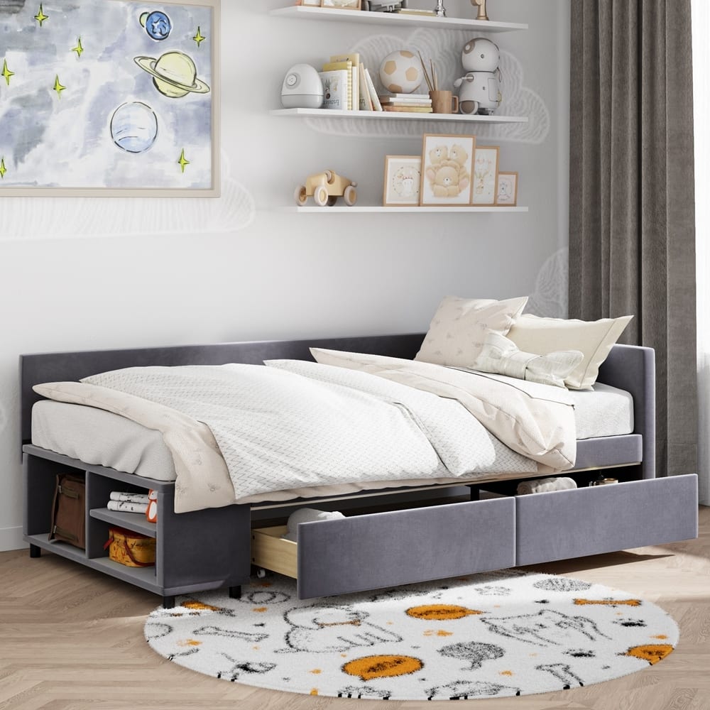 L-Shaped Twin size Upholstered Platform Bed with Storage and Drawers