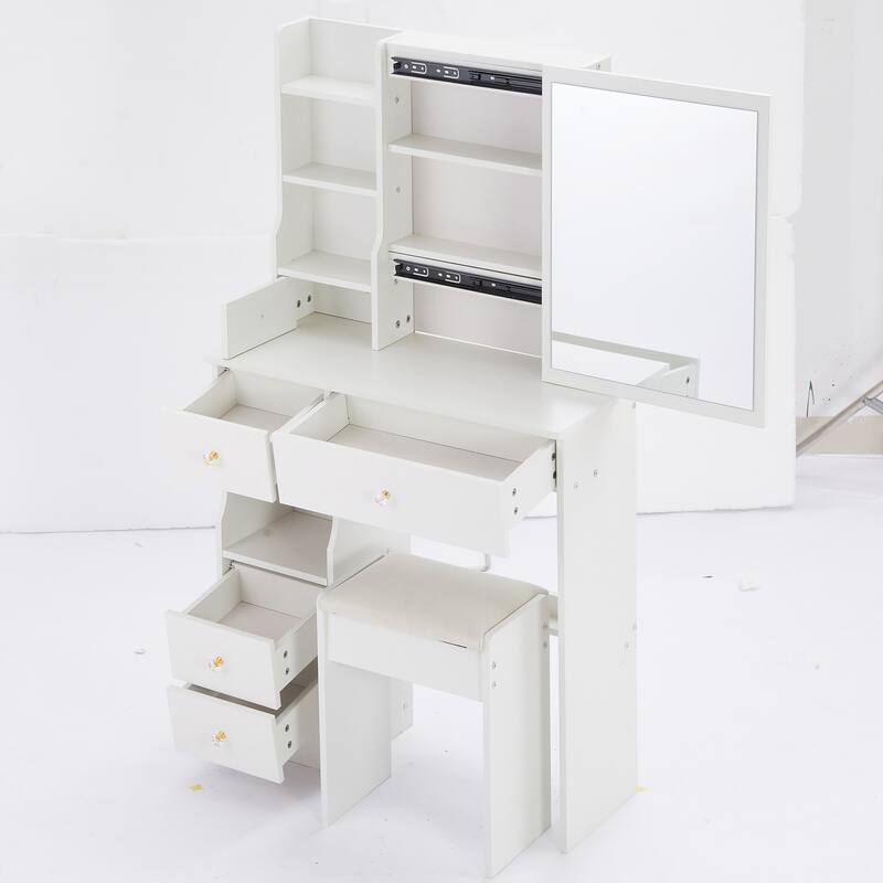 29.2" Small Space Left Drawer Desktop Vanity Table + Cushioned Stool, Extra Large Right sliding mirror