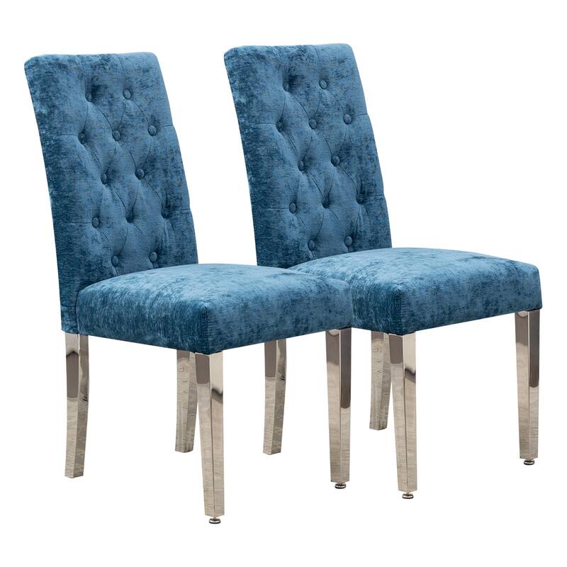 Set of 2 Modern Dining Chairs with Plush Velvet Upholstery & Sturdy Stainless Steel Legs - Deep Blue