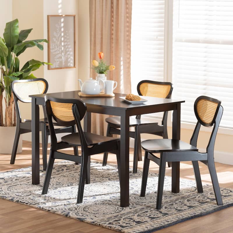 Jeriah Mid-Century Wood and Woven Rattan 5-Piece Dining Set