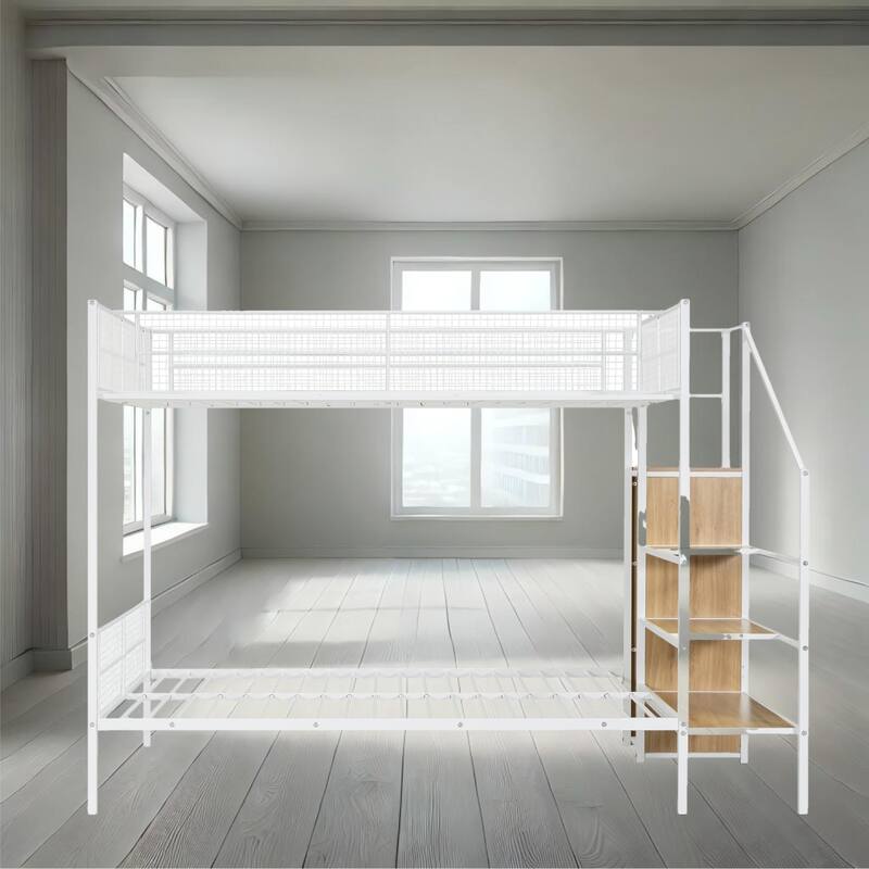 Space-Saving Twin-Over-Full Metal Bunk Bed with Built-In Wardrobe, Step Ladder, and Storage Options - White - Twin
