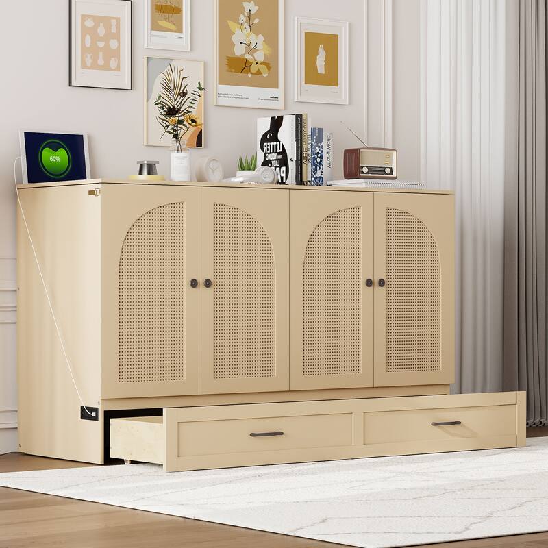 Queen Size Murphy Bed with Large Storage Drawers, USB Charging Port, and Space-Saving Design for Small Rooms