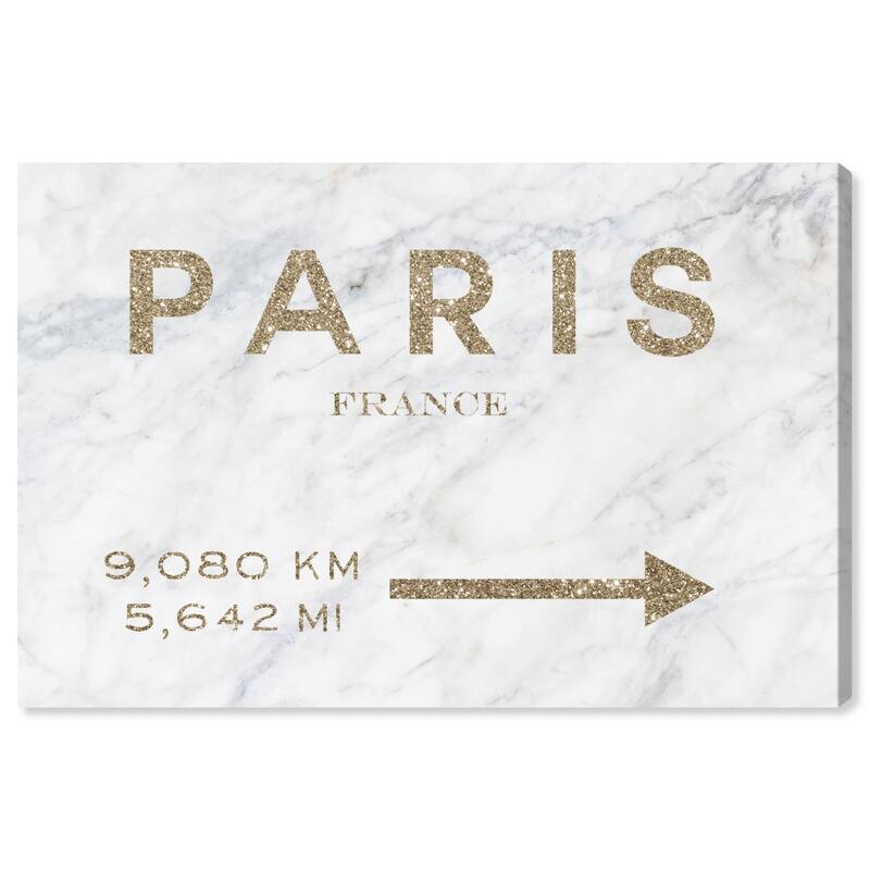 Wynwood Studio Canvas Fashion and Glam Paris Road Sign Marble Gold Glitter Gold and Metallic Gold Glam Wall Art Canvas Print