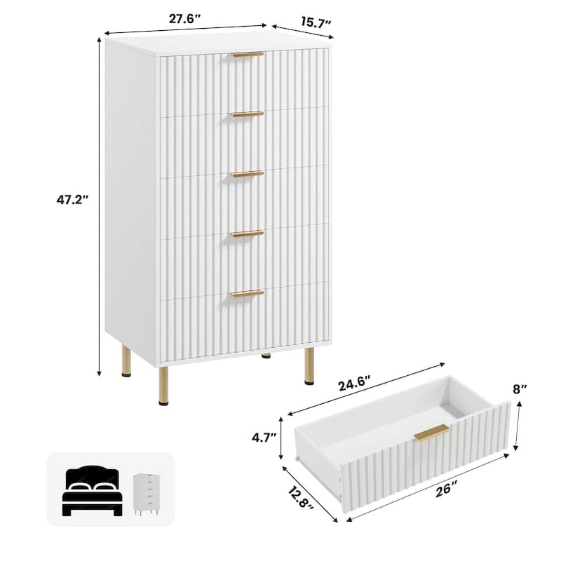 5 Drawer Fluted Dresser for Bedroom, Tall Modern Chest of Drawers with Deep Storage and Wide Top
