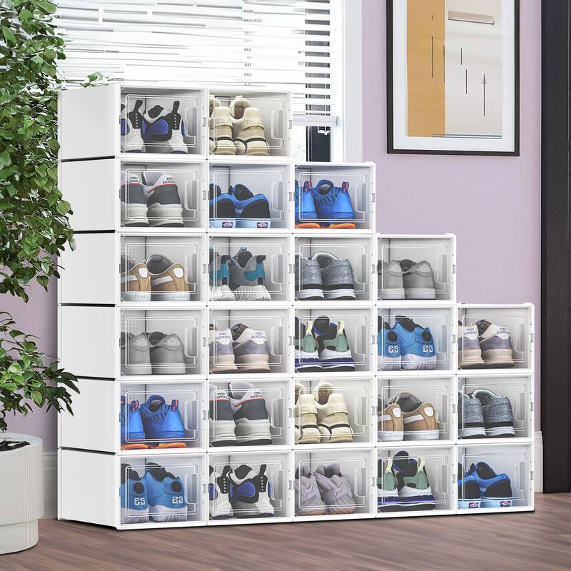 Moasis Stackable Shoe Storage Organizers, Large Size Plastic Shoe Box, Set of 24 - 24Pcs - White