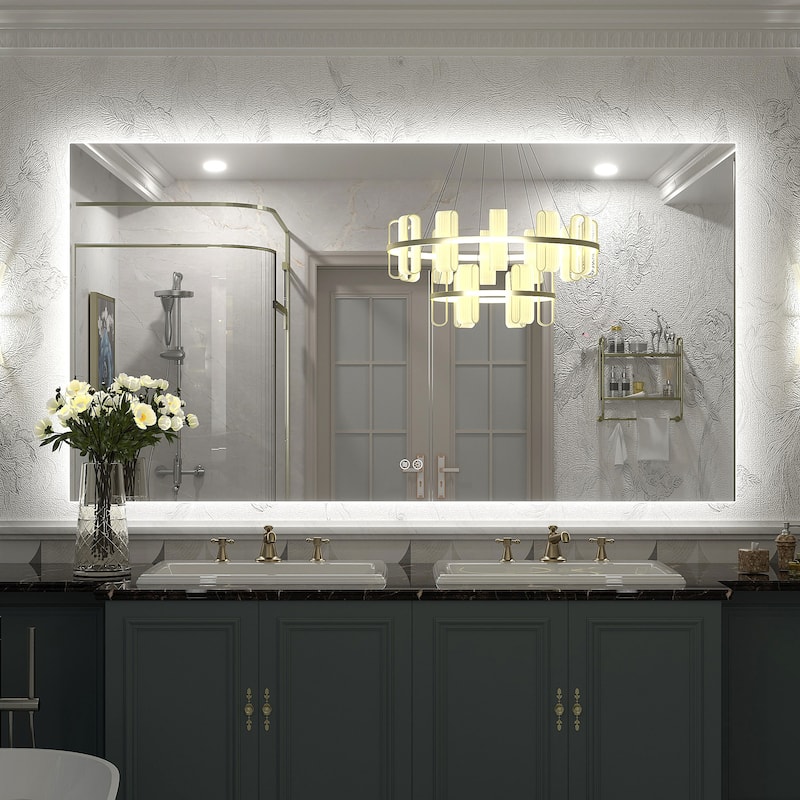Frameless Anti-Fog 3 Colors Dimmable LED Backlit Wall Bathroom Vanity Mirror - 55" x 30"-Rectangular