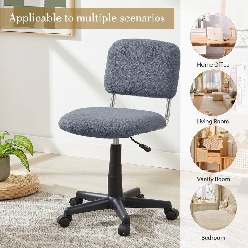 Javlergo Grey Teddy Armless Office Chair 360° Swivel Adjustable Height Desk Chair Small Space Plush Chair for Home Office Study