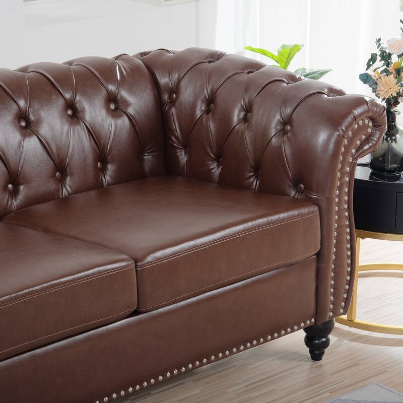 84.65" PU Chesterfield Sofa with Pocket Springs, Birch Legs, Comfortable 3-Seater
