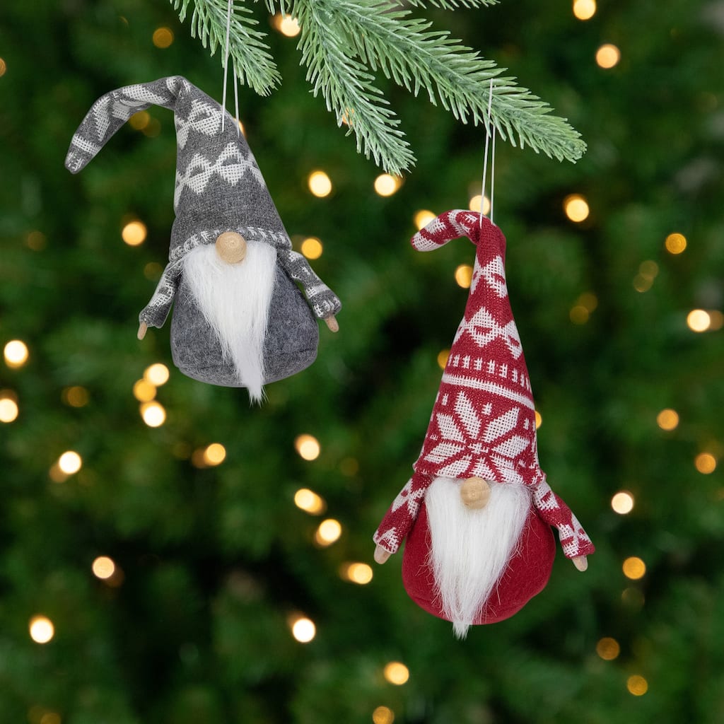 Gnomes with Nordic Hats Christmas Ornaments - 7" - Red and Gray - Set of 2
