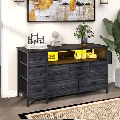 9-Drawer Dresser with Power Outlet and LED Light TV Stand for 55'' - 50 inches